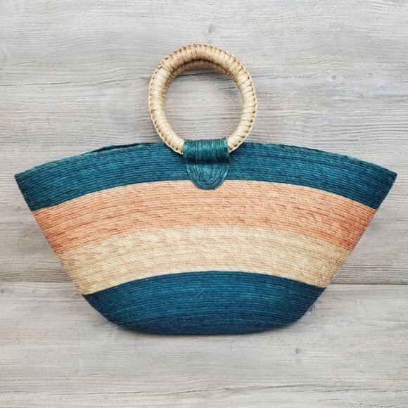 Oversized striped straw beach bag purse - Picture 2 of 7